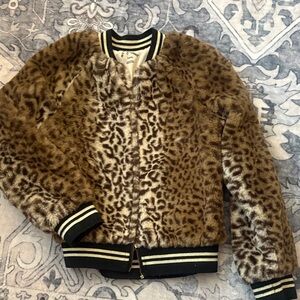 Leopard Print Faux Fur Bomber Jacket Art class adorable fuzzy
